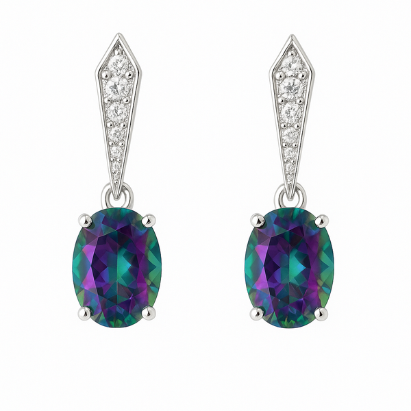 10Kt White Gold Dangle Post Earrings with Oval Mystic Topaz and Single Cut Diamonds Morgan's Jewelers Winona, MN