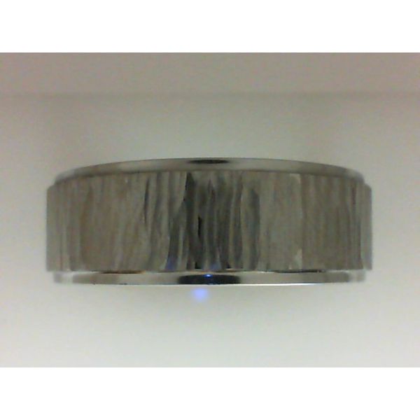 White Vitalium Flat Grooved Edge Treebark Center Wedding Band Morgan's Jewelers Winona, MN