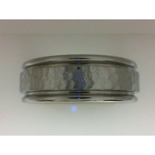 White Vitalium Rounded Flat Edge Hammered Center Wedding Band Morgan's Jewelers Winona, MN