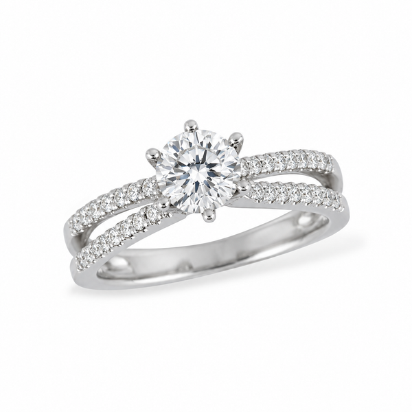 Contemporary white gold engagement ring with a six-prong round diamond and a split pave band
