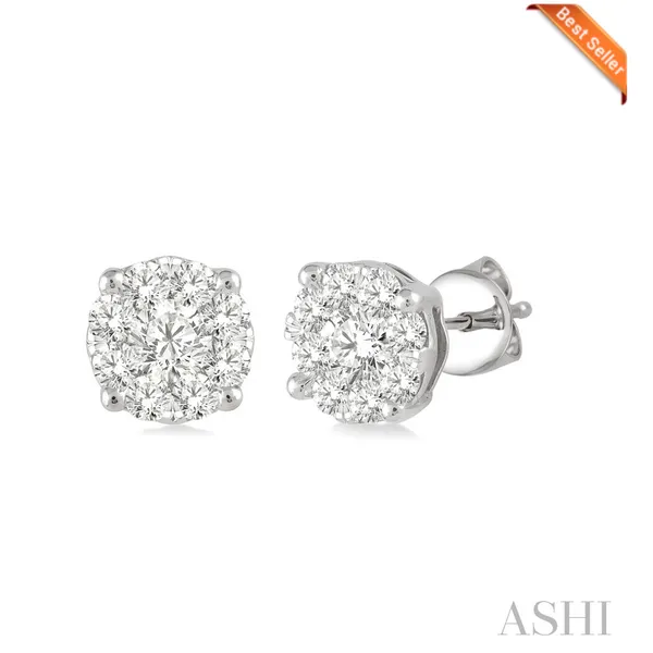 14K White Gold Stud Earrings with Round Diamonds