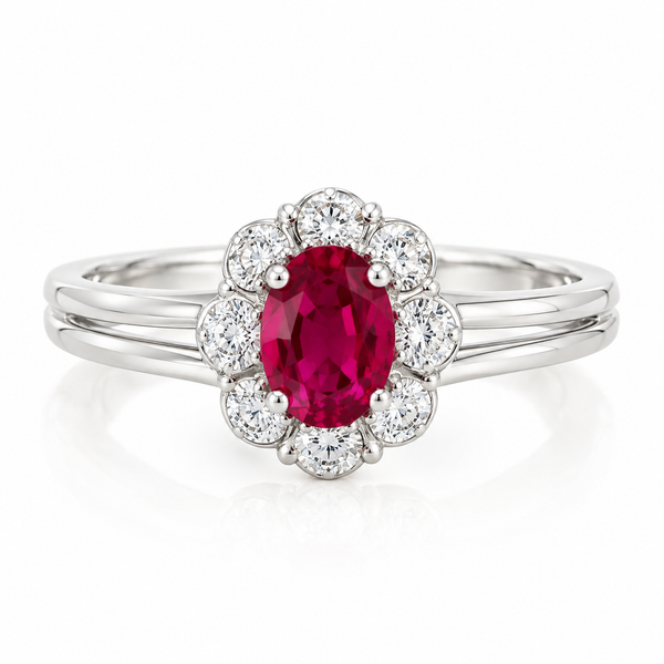 Lady's White 14 Karat Contemporary Fashion Ring with Oval Ruby and Round Diamonds Morin Jewelers Southbridge, MA
