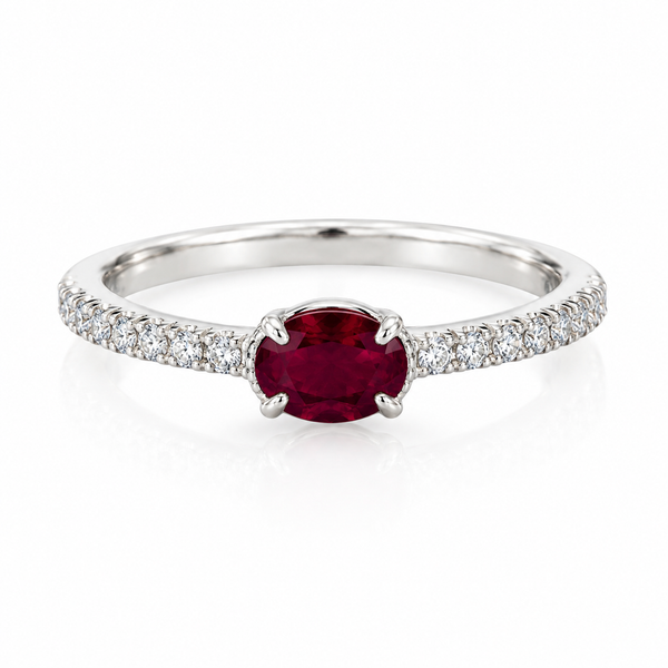 Lady's White 14 Karat Contemporary Fashion Ring with Oval Ruby and Round Diamonds Morin Jewelers Southbridge, MA