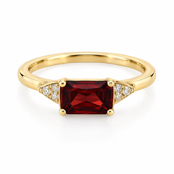 Lady's Yellow 14 Karat Geometric Fashion Ring with Rectangular Cushion Garnet and Round Diamonds Morin Jewelers Southbridge, MA