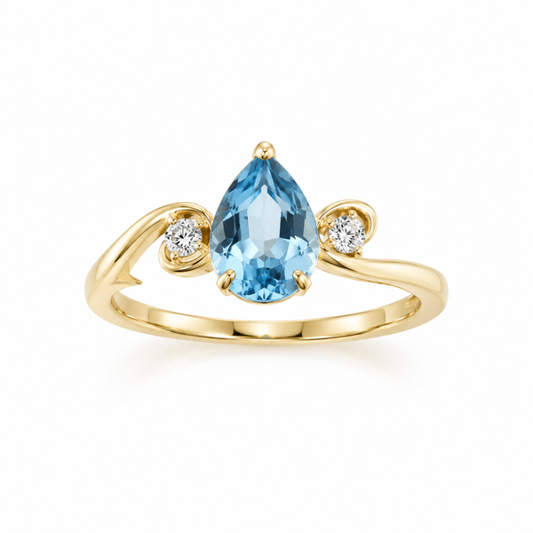 14K Yellow Gold Blue Topaz and Diamond Heart Ring Morin Jewelers Southbridge, MA
