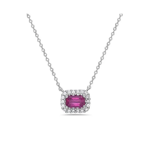 14K White Ruby and Diamond Halo Pendant Necklace