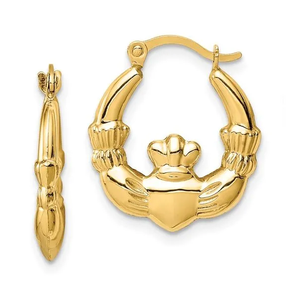 Yellow Polished 14Kt Claddagh Hinged Hoop Earrings Morin Jewelers Southbridge, MA