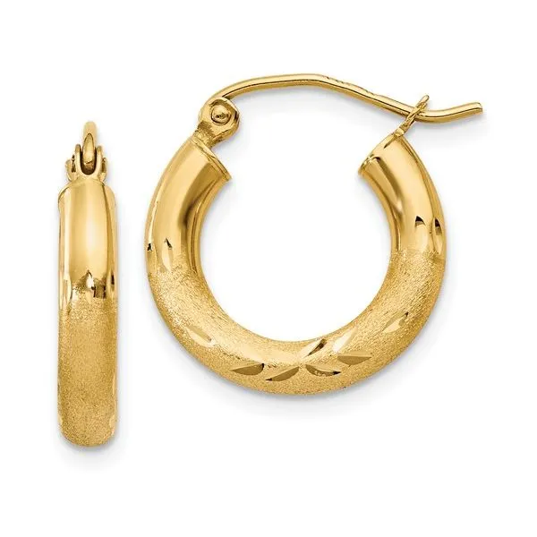 14K Yellow Satin and Diamond Cut Hoop Earrings Morin Jewelers Southbridge, MA