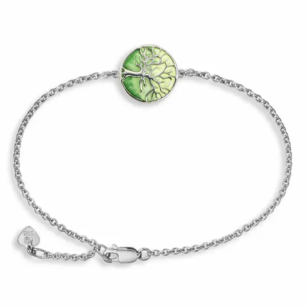 Green Tree of Life Bracelet. Sterling Silver, Adjustable Chain, Lobster Claw, Enameled. Morin Jewelers Southbridge, MA