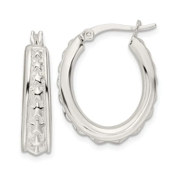 Lady's White Sterling Silver Small Hoop Earrings Polished Star Oval Hoops Morin Jewelers Southbridge, MA