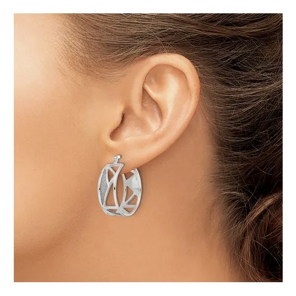 Lady's White Sterling Silver Medium Hoop Earrings Polished Fabric Glitter Hoop Image 3 Morin Jewelers Southbridge, MA