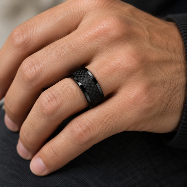 8mm Black Ceramic Pipe Black Carbon Fiber Ring Image 2 Morin Jewelers Southbridge, MA
