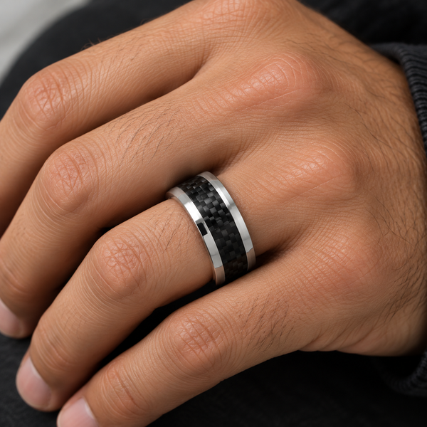 Black Ice Serinium Men's Ring 8mm with High-Tech Black Carbon Fiber Inlay Image 2 Morin Jewelers Southbridge, MA
