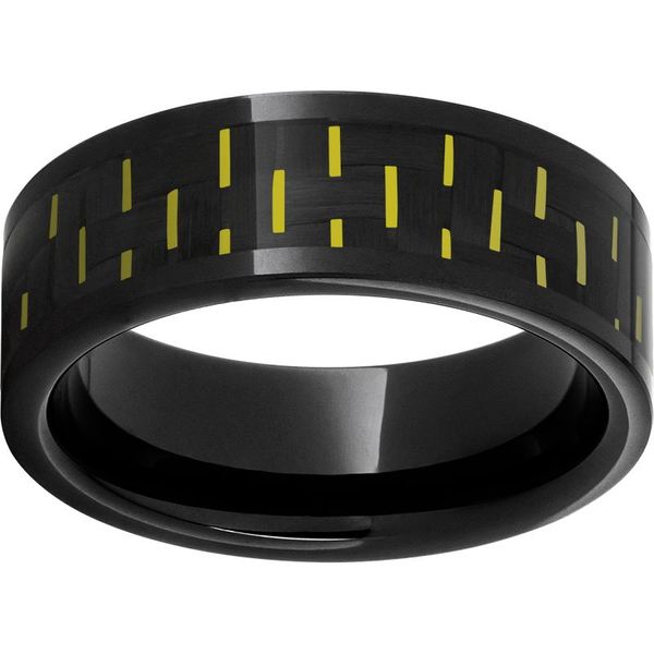 8mm Black Ceramic Flat 5mm Yellow Carbon Fiber Ring Morin Jewelers Southbridge, MA