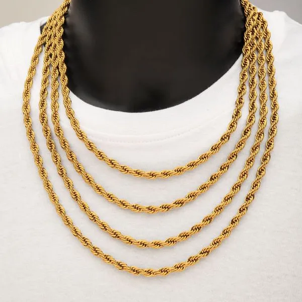 INOX Mens 6mm 18K Gold IP Rope Chain Necklace