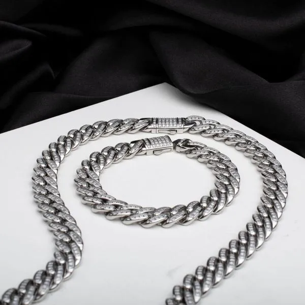 INOX Men's Miami Cuban Chain Stainless Steel w/ CZ Stones Image 3 Morin Jewelers Southbridge, MA