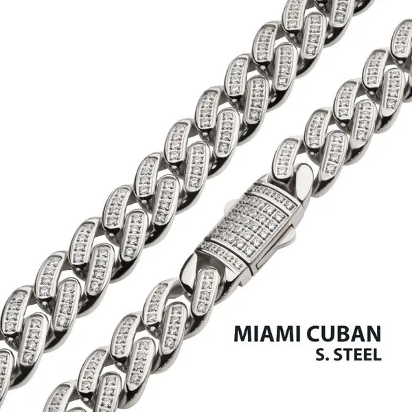 INOX Men's Miami Cuban Chain Stainless Steel w/ CZ Stones Morin Jewelers Southbridge, MA