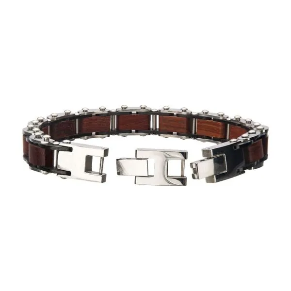 INOX Mens Red Sandalwood & Stainless Steel Link Bracelet