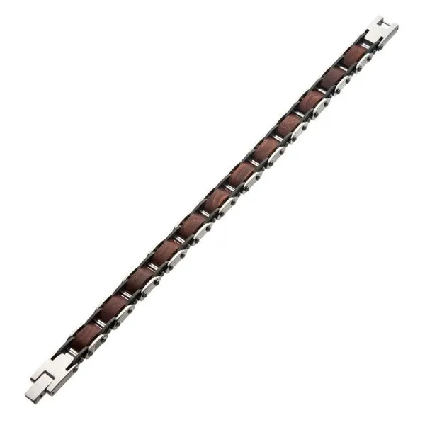 INOX Mens Red Sandalwood & Stainless Steel Link Bracelet