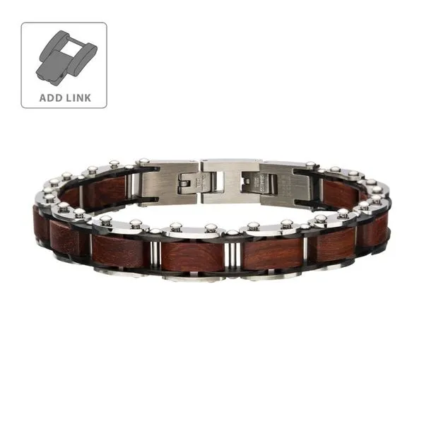 INOX Mens Red Sandalwood & Stainless Steel Link Bracelet
