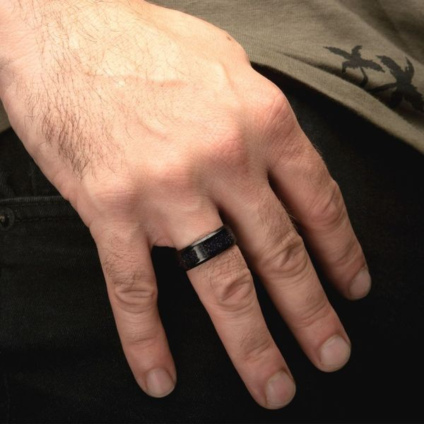 INOX Men's Stainless Steel 8mm Black IP Genuine Blue Sandstone Inlay Ring Image 4 Morin Jewelers Southbridge, MA