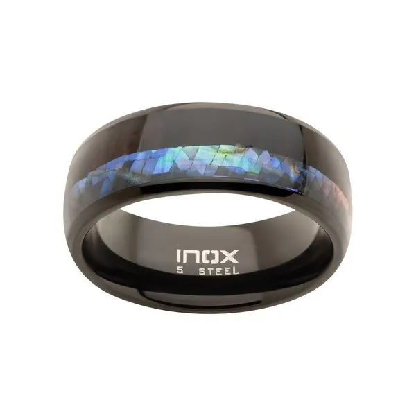INOX Men's Stainless Steel 8mm Black IP Abalone Shell & Ebony Wood/Rainbow Inlay Ring Image 2 Morin Jewelers Southbridge, MA