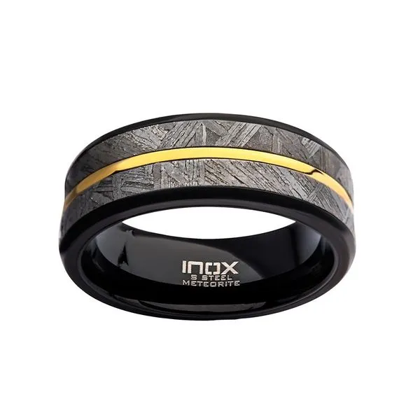 INOX Jewelry 8mm Gold IP & Meteorite Inlay Black IP Comfort Fit Ring Image 2 Morin Jewelers Southbridge, MA