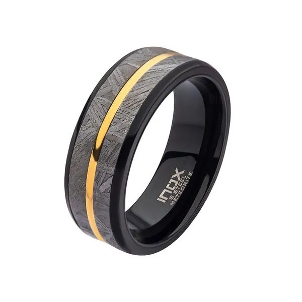 INOX Jewelry 8mm Gold IP & Meteorite Inlay Black IP Comfort Fit Ring Morin Jewelers Southbridge, MA