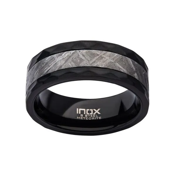 INOX 4mm Meteorite Inlay Black IP Hammered Ring Comfort fit Size 10 Image 2 Morin Jewelers Southbridge, MA