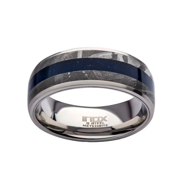 INOX Stainless Steel Lapis Lazuli & Meteorite Inlay Steel Ring 8mm Comfort Fit Band Size 11 Image 2 Morin Jewelers Southbridge, MA