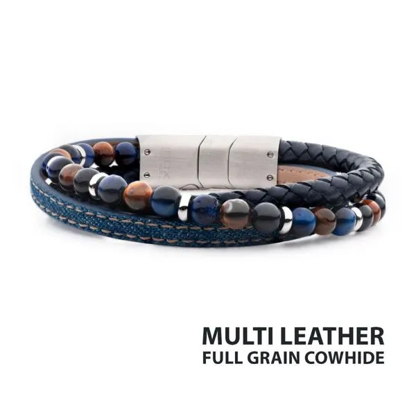 INOX Blue Full Grain Cowhide Leather & Blue Denim with Lapis Lazuli & Tiger's Eye Stone Bead Multi-Strand Bracelet Morin Jewelers Southbridge, MA