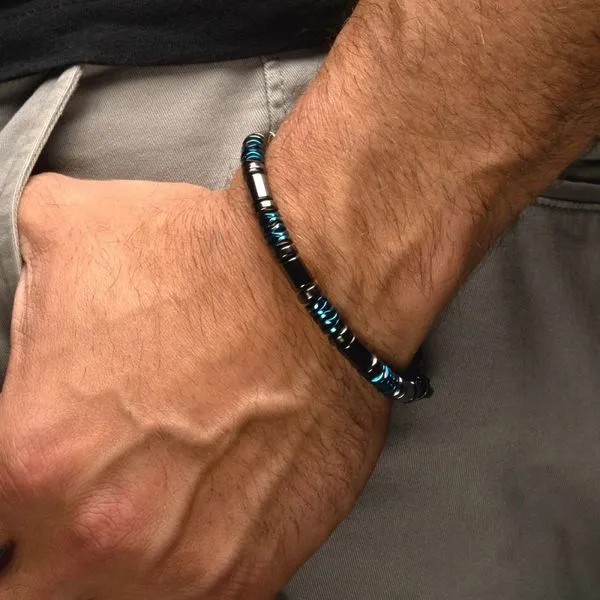 INOX Black & Blue Hematite Beads Bracelet with Hinged Steel Hook Clasp Image 5 Morin Jewelers Southbridge, MA