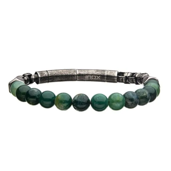 INOX Moss Agate Beads & Box Chain Bracelet
