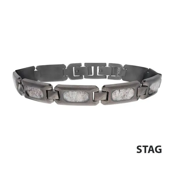 INOX Matte Finish Gun Metal IP Deer Antler Inlay Link Bracelet Morin Jewelers Southbridge, MA