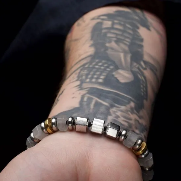 INOX Mokume Gane and White Quartz Beads Bushido Virtue Br...