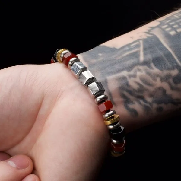 INOX 8.50mm Mokume Gane, Red Agate and Onyx Beads Bushido Virtue Bracelet Image 5 Morin Jewelers Southbridge, MA