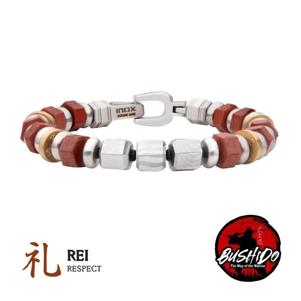 INOX 8.5mm Mokume Gane and Red Jasper Beads Bushido Virtue Bracelet - REI: Respect Morin Jewelers Southbridge, MA