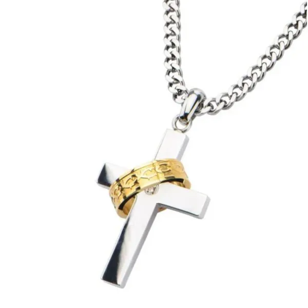 INOX Gold IP Ring in Steel Cross Pendant with Chain Image 2 Morin Jewelers Southbridge, MA