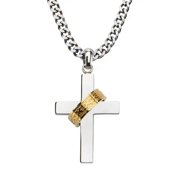 INOX Gold IP Ring in Steel Cross Pendant with Chain Morin Jewelers Southbridge, MA