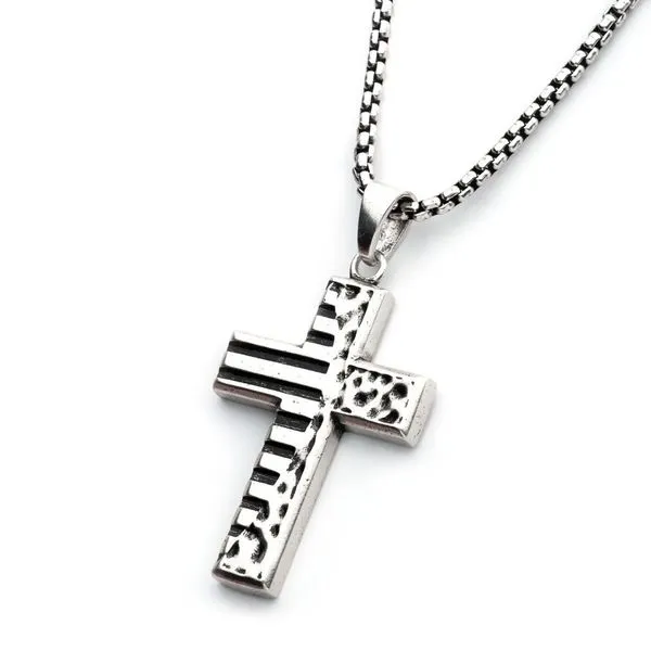 INOX 925 Silver Oxidized Coin Stamped Cross Pendant with Box Chain Image 2 Morin Jewelers Southbridge, MA