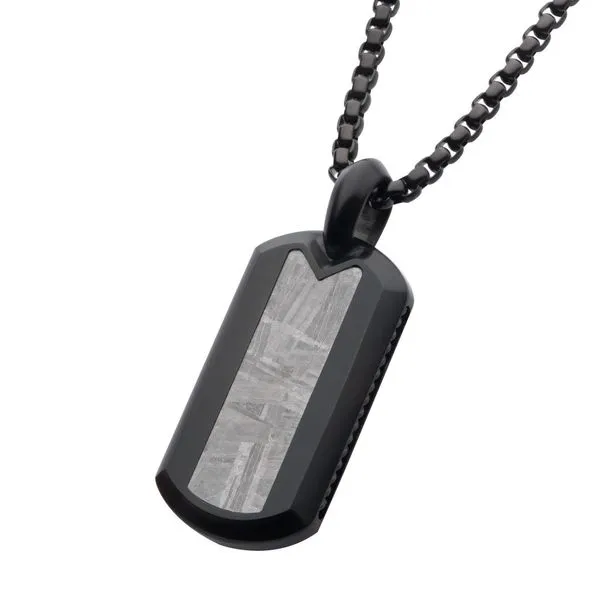 INOX Meteorite Inlay Dog Tag Pendant with Black IP Box Chain Image 2 Morin Jewelers Southbridge, MA