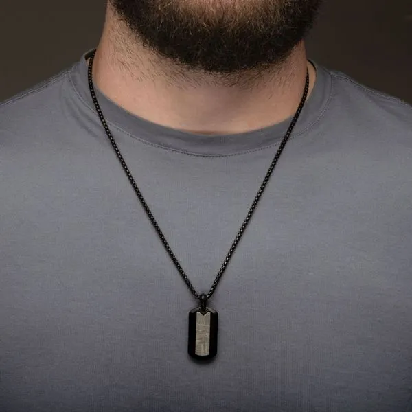 INOX Meteorite Inlay Dog Tag Pendant with Black IP Box Chain Image 5 Morin Jewelers Southbridge, MA