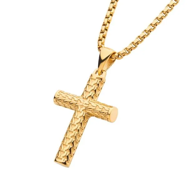 INOX Polished 18Kt Gold IP Scale Cross Drop Pendant with Bold Box Chain Image 2 Morin Jewelers Southbridge, MA