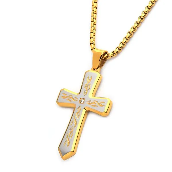 INOX 18kt Gold IP Tribal Cross Pendant with 2mm Lab-grown Diamond Image 2 Morin Jewelers Southbridge, MA