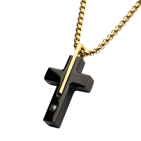 INOX 18Kt Gold IP and Black IP Steel Solitaire Accented Clear Lab-Grown Diamond Cross Pendant Image 2 Morin Jewelers Southbridge, MA