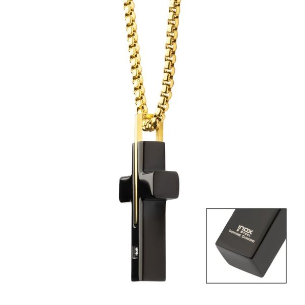 INOX 18Kt Gold IP and Black IP Steel Solitaire Accented Clear Lab-Grown Diamond Cross Pendant Image 3 Morin Jewelers Southbridge, MA
