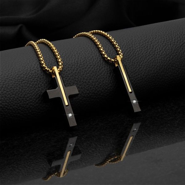 INOX 18Kt Gold IP and Black IP Steel Solitaire Accented Clear Lab-Grown Diamond Cross Pendant Image 4 Morin Jewelers Southbridge, MA