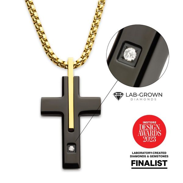 INOX 18Kt Gold IP and Black IP Steel Solitaire Accented Clear Lab-Grown Diamond Cross Pendant Morin Jewelers Southbridge, MA