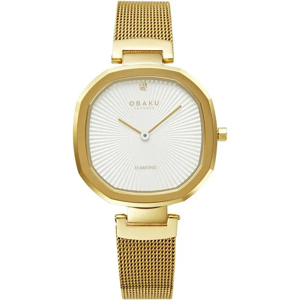 Obaku Brilliant - Gold Stainless Steel Mesh 14mm Bracelet Gold Plated White Dial with Diamond Accent (32mm Mineral Crystal 3ATM) Morris Jewelry Bowling Green, KY
