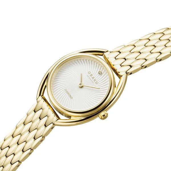 Obaku JUVEL - CIDER Stainless Steel Link 12mm Bracelet Gold Plated White Dial with Diamond Accent (28mm mineral crystal 3 ATM) Image 4 Morris Jewelry Bowling Green, KY